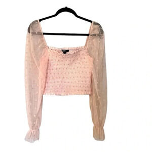 Forever 21 Long Puff Polka Dot Mesh Sleeve Pink Knit Crop Top Size M GUC